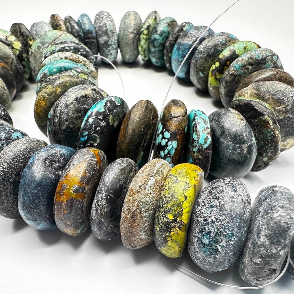 Antique Tibetan Turquoise Chunky Bead Strand — 47 Large Disc Beads, 1880s-1940s